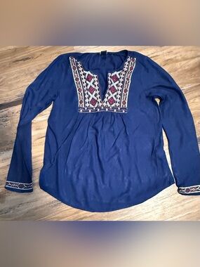 Lucky Brand Navy Blue Embroidered Peasant Tunic
